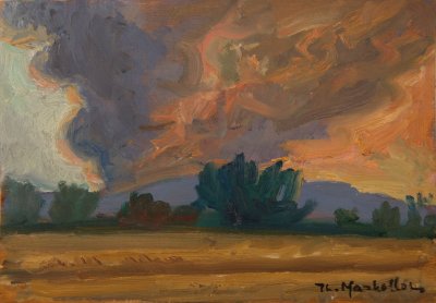 Nerantza, Fire High in the Mountains — Oil painting, Fiberboard, 19.00×27.00cm — Theodoros Markellos